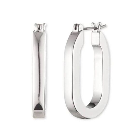 NWT~KARL LAGERFELD Classic High Polished Silver Oval Hoop Earrings - Picture 4 of 5